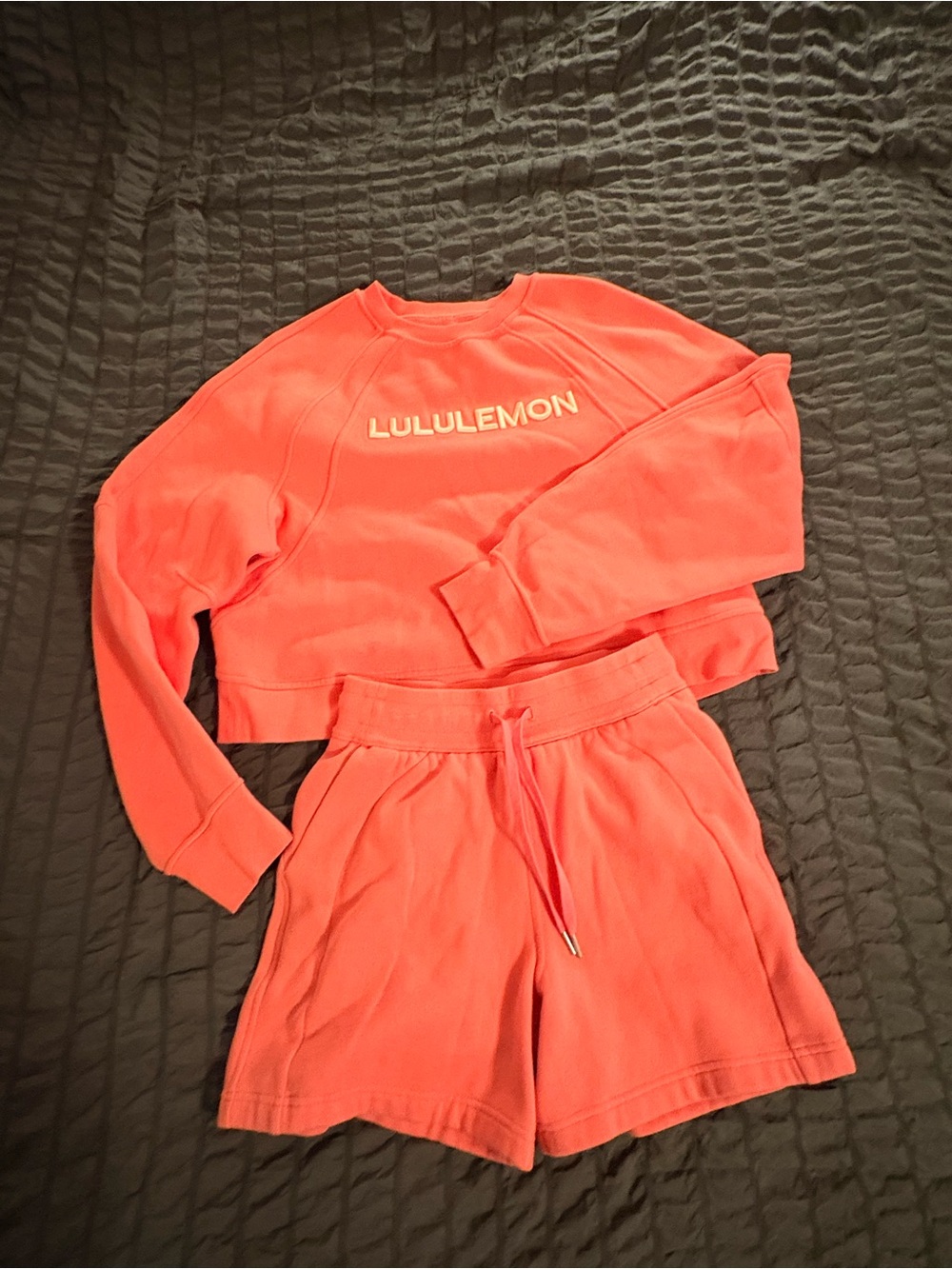 lululemon Coral-Orange Cropped Sweatshirt & Drawstring Shorts Set